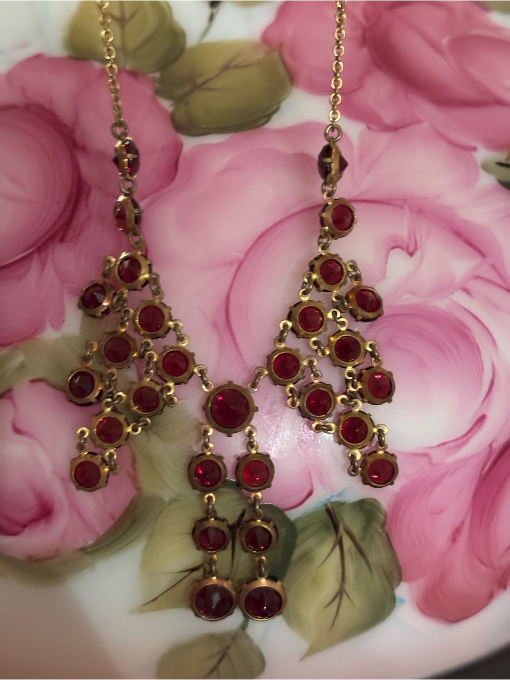 Gold-Tone Red Glass Chandelier Necklace